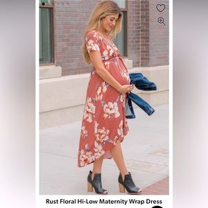 PinkBlush hi-lo maternity wrap dress in rust color with beautiful white flowers.